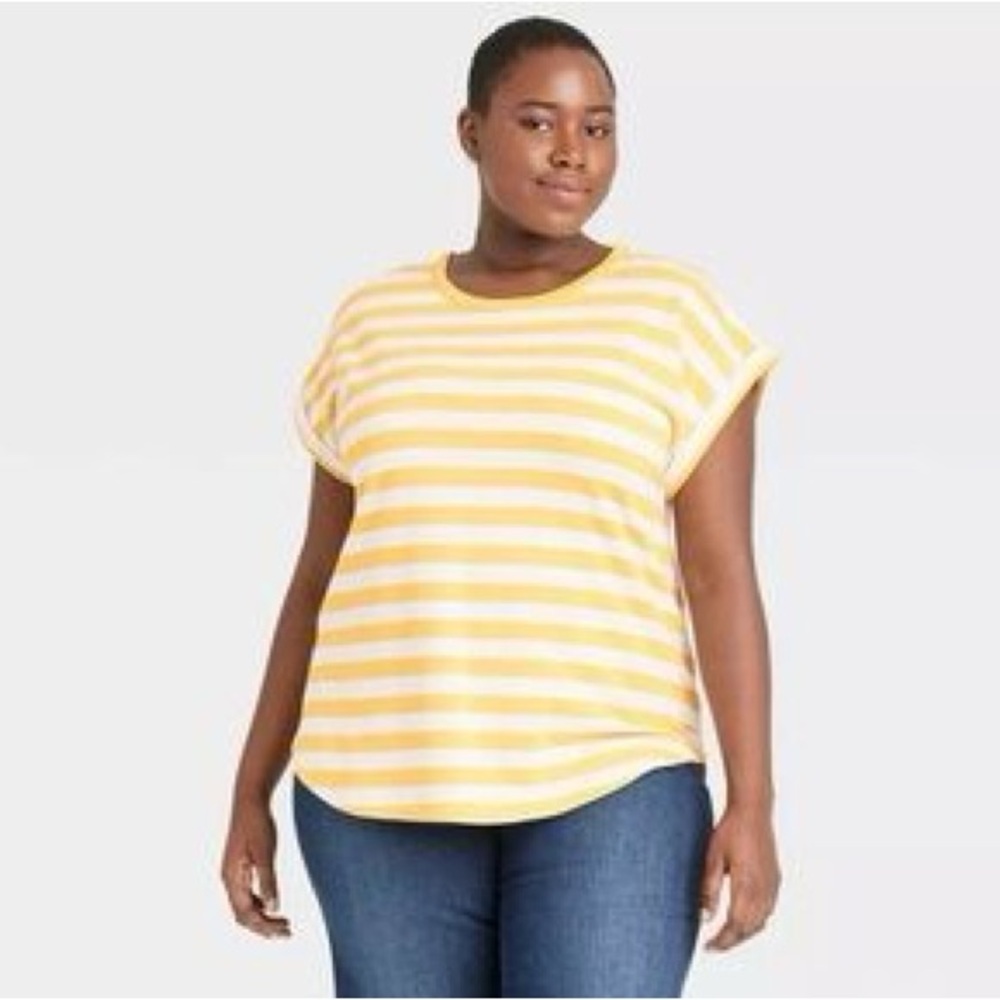 Cap Sleeve Yellow & White Stripe Tee Shirt | Ava & Viv